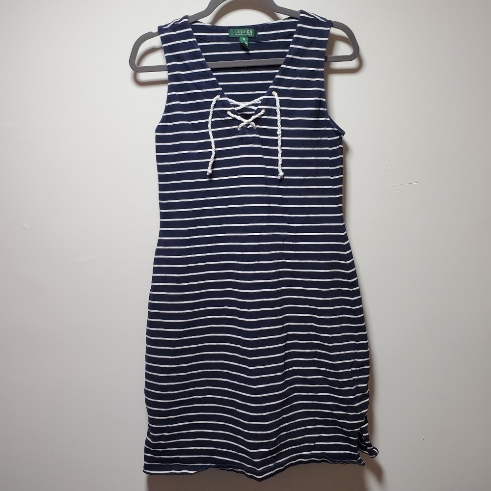 Lauren Ralph Lauren Navy White Nautical Dress Size Medium Cotton Summer Preppy